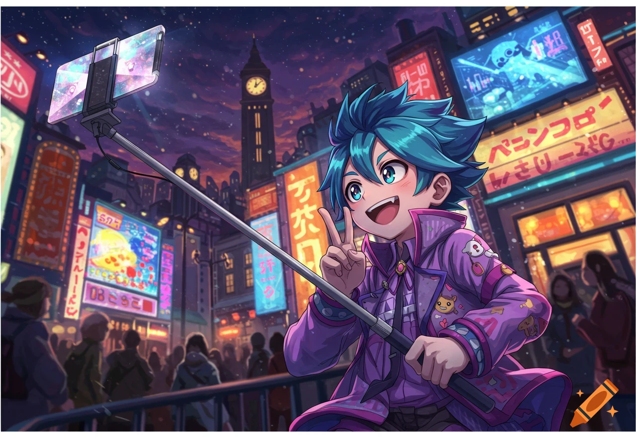 An enthusiastic anime boy with blue hair and a purple jacket takes a selfie with a selfie stick, making a peace sign, in a vibrant, neon-lit city at dusk.