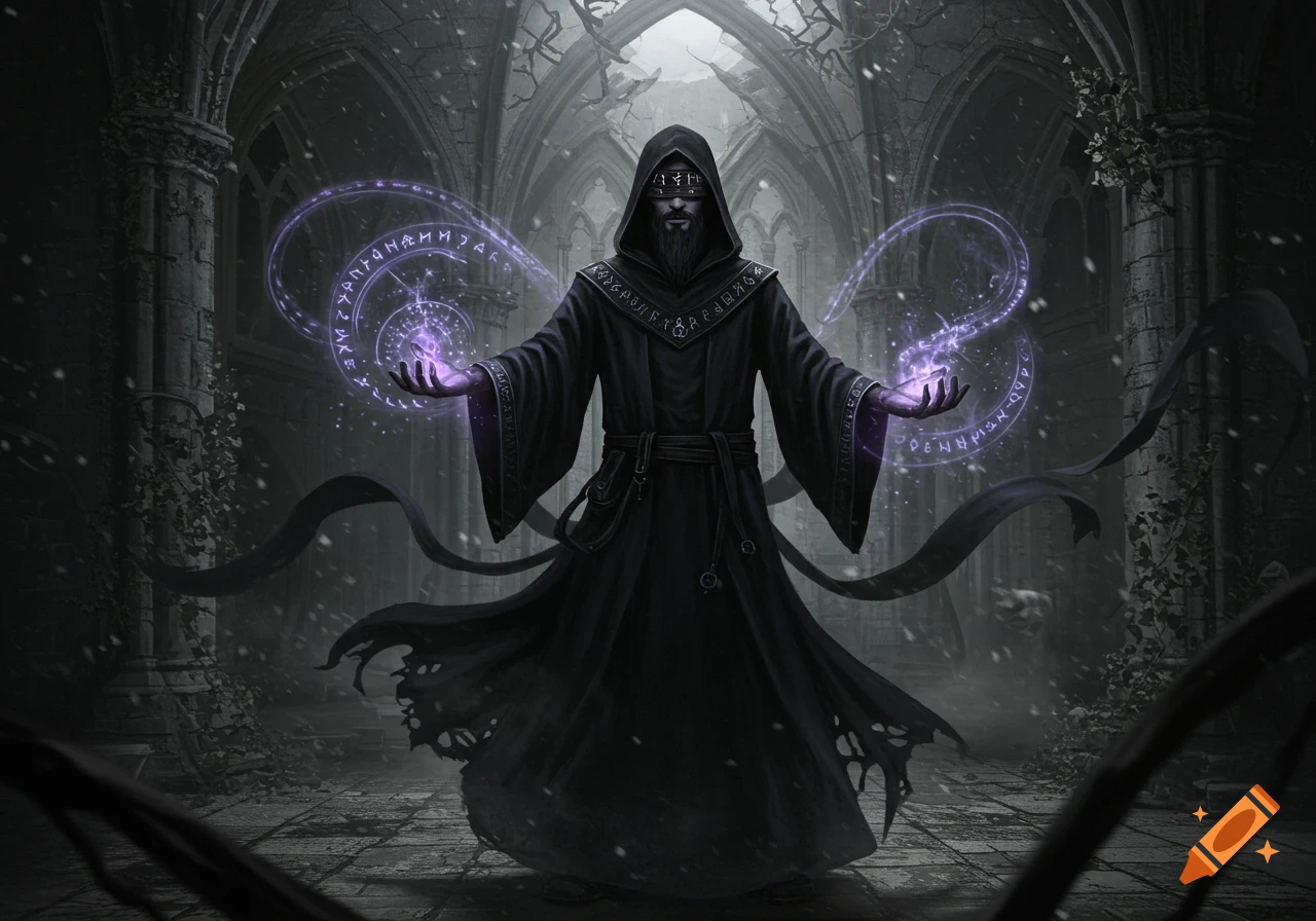 A dark wizard in a black hooded robe and blindfold stands in a ruined hall, casting purple magic with glowing runes.