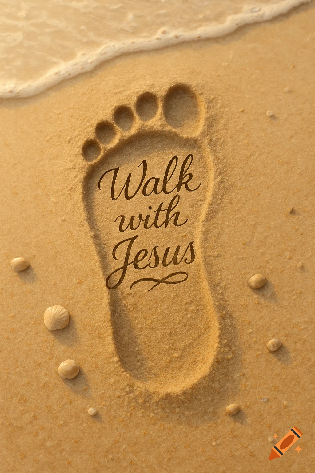 A footprint pressed into the sand on a beach, with the words "Walk with Jesus" embossed within it, as a gentle wave recedes.