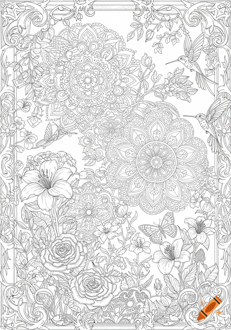 Detailed black and white line art coloring page with flowers, leaves, hummingbirds, butterflies, and intricate mandala patterns.