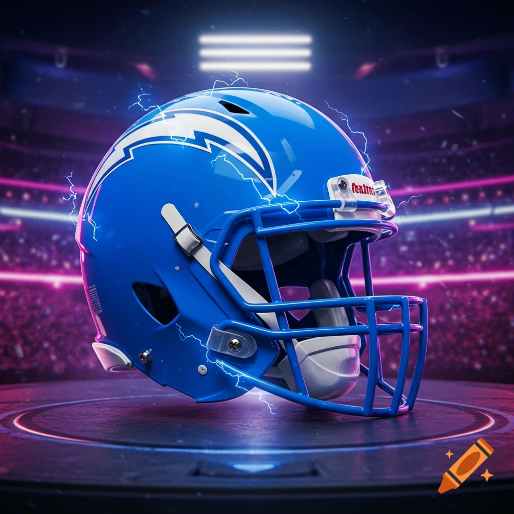 A blue football helmet with a white lightning bolt logo and electric sparks, set against a neon-lit stadium background.