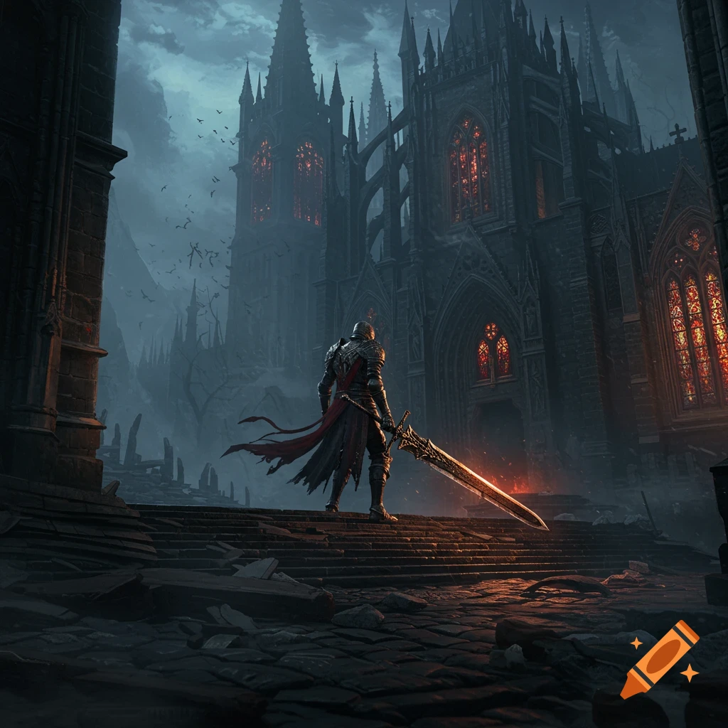 A knight in dark armor with a glowing sword stands before a large, dark gothic cathedral under a cloudy sky in a desolate landscape.