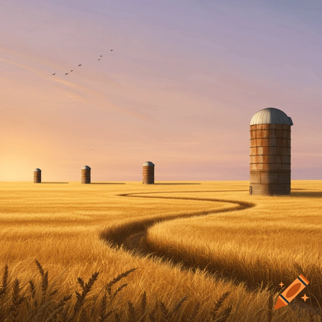A winding path leads through a golden wheat field with multiple farm silos under a warm sunset sky.