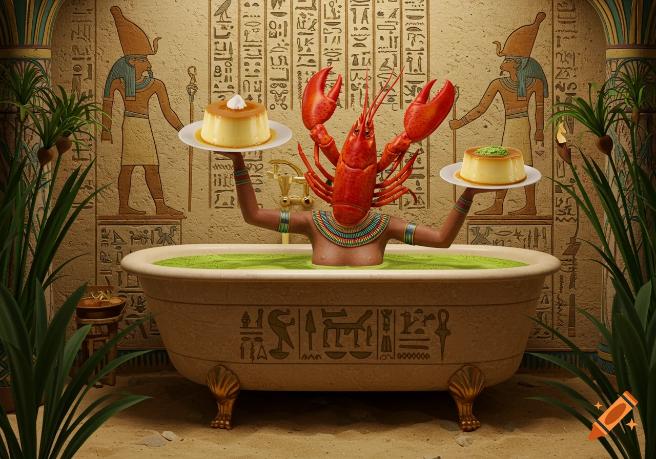A surreal image of a human torso with a lobster head in an Egyptian-style bathtub filled with green liquid, holding two flans.