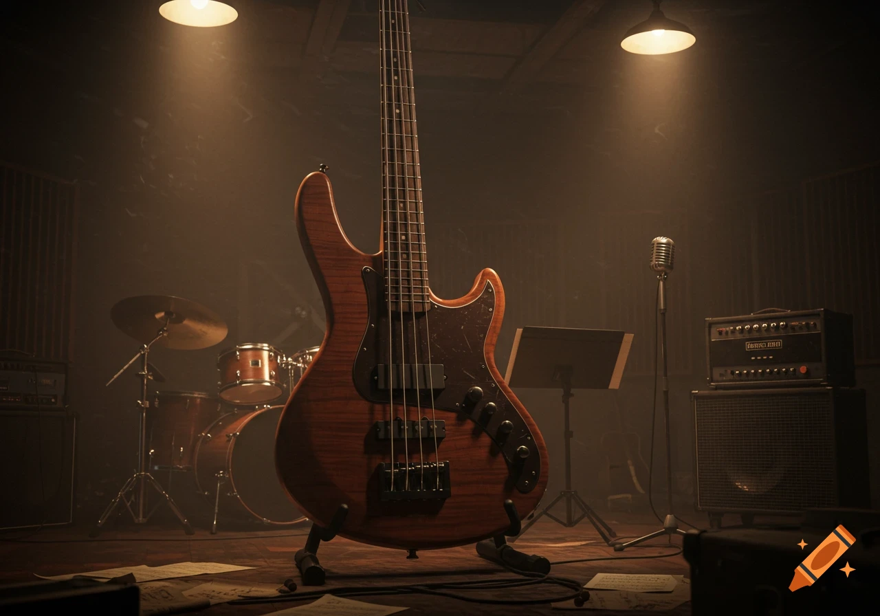 A close-up of a bass guitar on a stand in a dimly lit music studio with drums, an amplifier, and a microphone in the background.