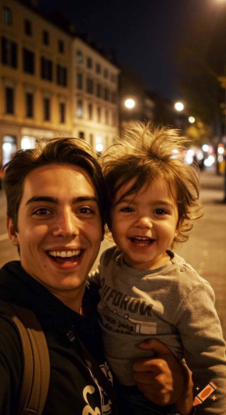 A man and a toddler with messy hair smile widely for a selfie on a city street at night, illuminated by streetlights.