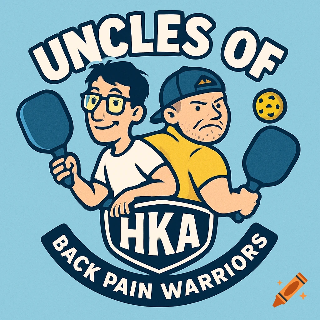 Cartoon logo for 'Uncles of Back Pain Warriors' pickleball team, featuring two men with paddles and a ball.