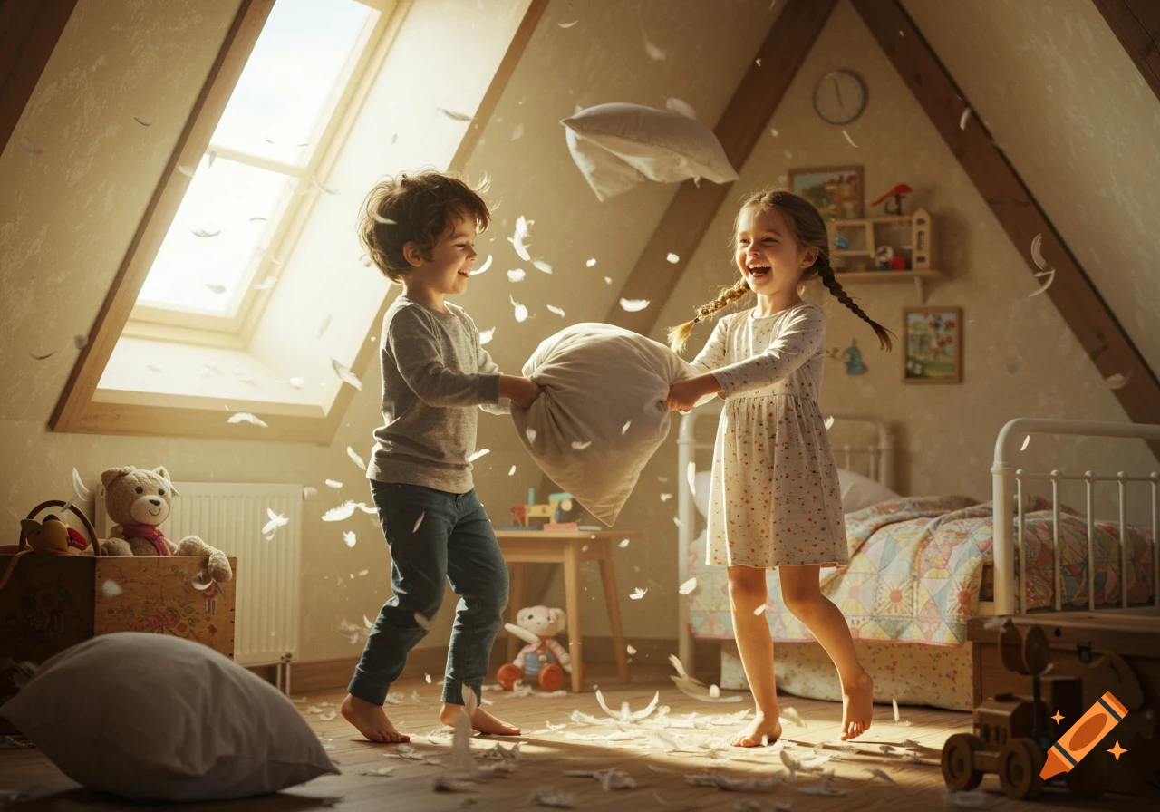 Two happy children having a pillow fight in a sunlit attic room with feathers flying, photorealistic.