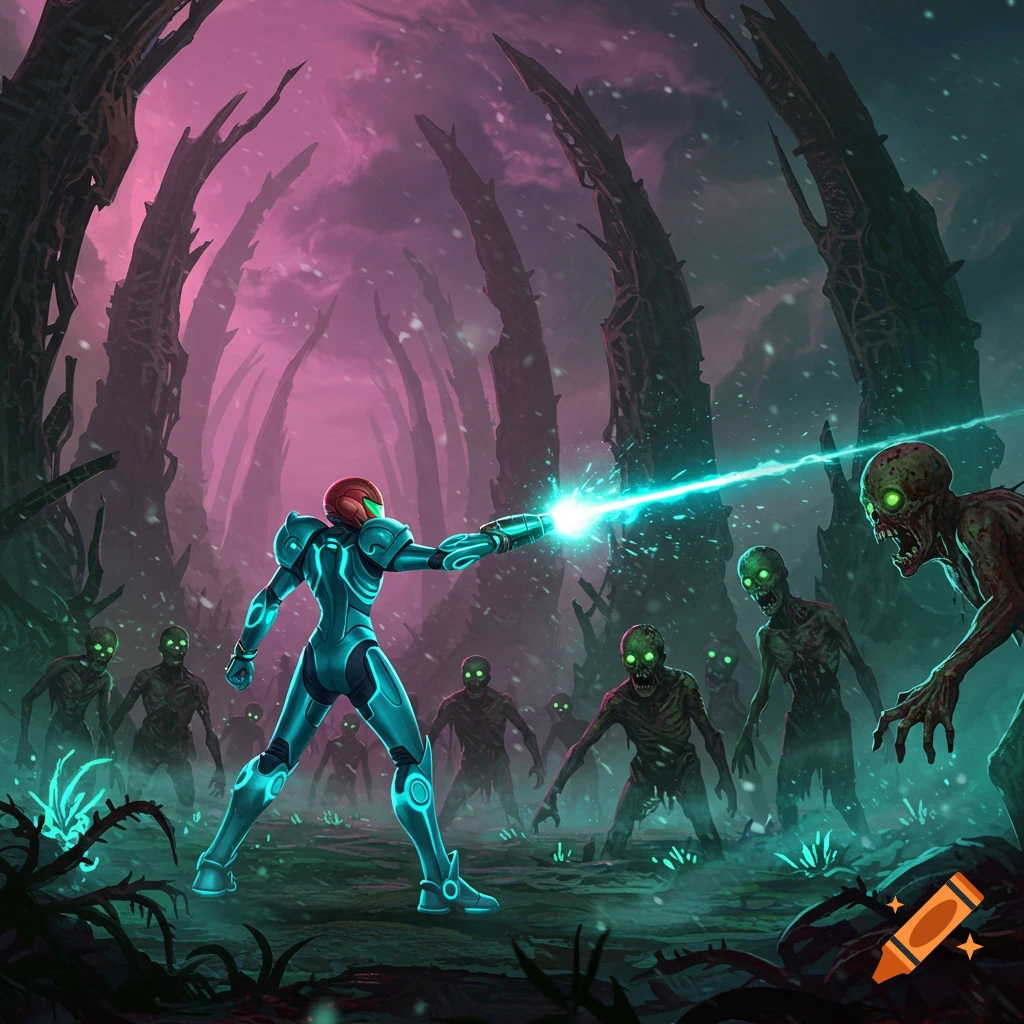Samus in power suit shooting a laser at a horde of zombies in a dark, alien landscape with pink and green glowing elements, digital art.