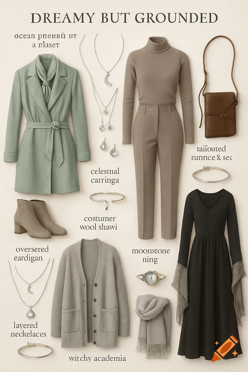 A fashion mood board featuring various neutral-toned clothing items and accessories like coats, sweaters, dresses, pants, boots, jewelry, and bags, arranged on a beige background with text labels.