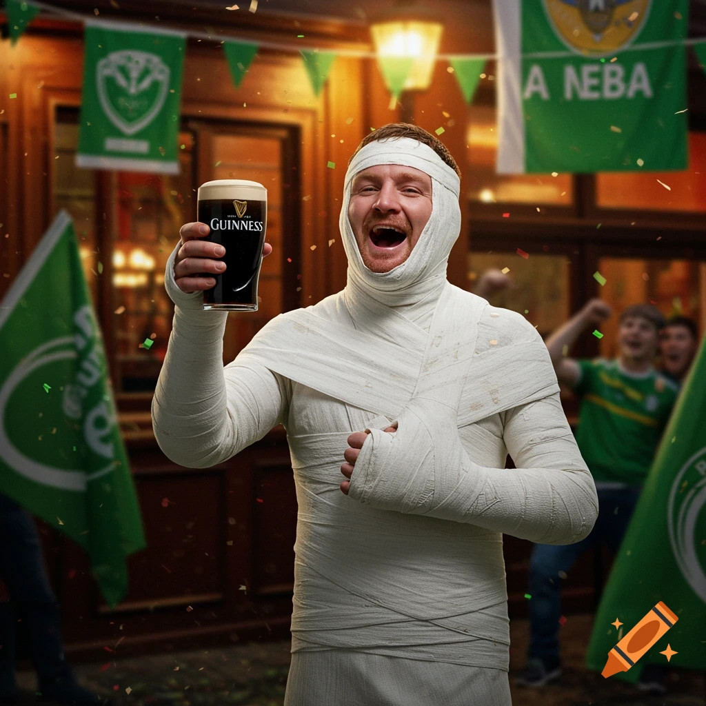 A man wrapped in white bandages, like a mummy, holding up a glass of Guinness beer, surrounded by green flags and confetti, celebrating in a pub setting.
