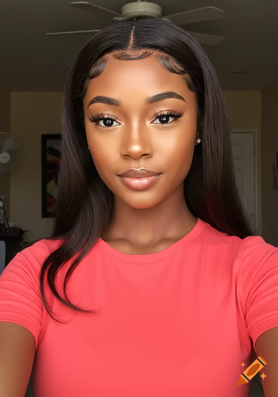 A photorealistic portrait of a young woman with dark hair, baby hairs, and makeup, wearing a coral t-shirt, looking at the viewer.