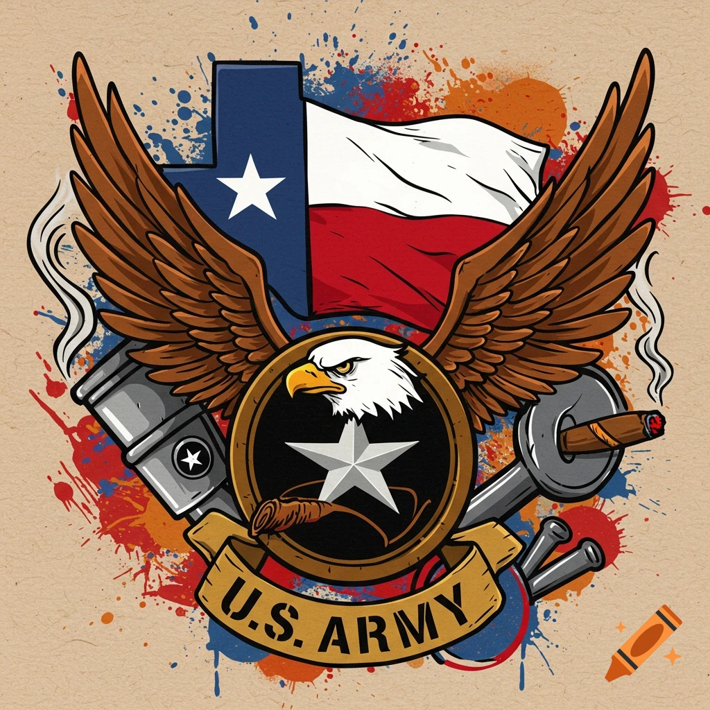 A stylized emblem featuring a bald eagle with outstretched wings, a Texas flag, and a banner with "U.S. ARMY" text, set against a background of colorful paint splatters.