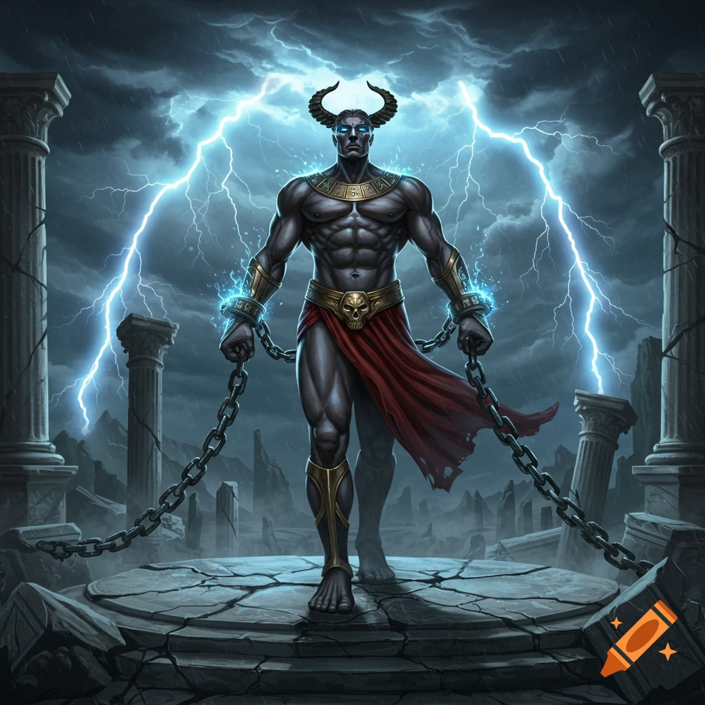 A powerful horned, dark-skinned figure with chains, standing on a ruined stone platform with lightning in the background.