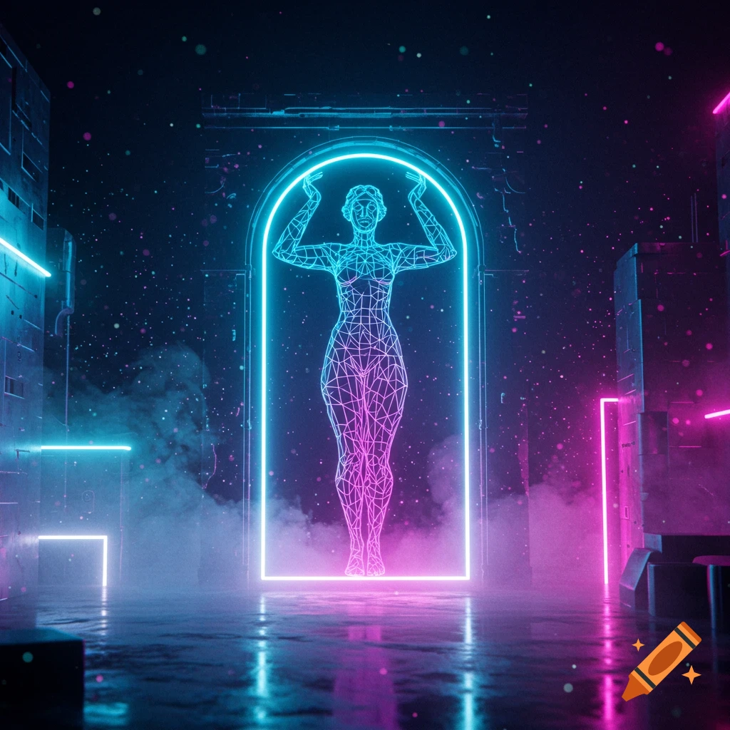 A glowing wireframe figure of a person stands in a neon-lit archway in a dark, futuristic, cyberpunk city.