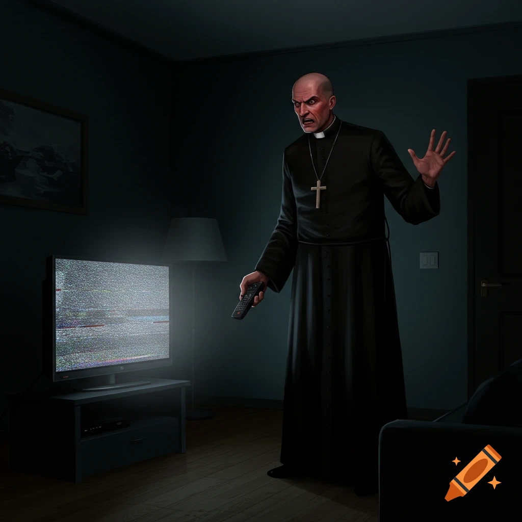 An angry bald priest in a dark cassock holds a TV remote, looking at a static-filled TV in a dimly lit room.