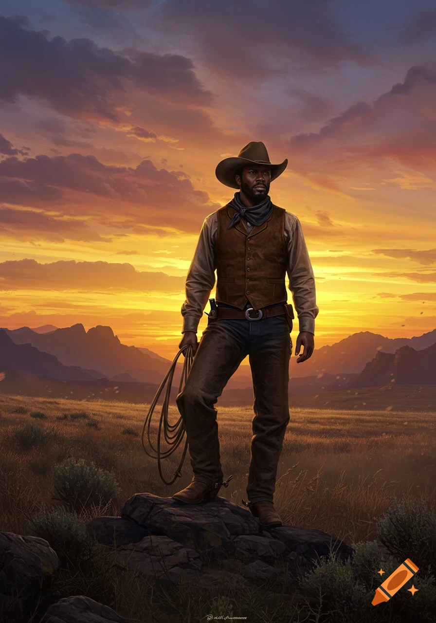An African American cowboy stands on rocks in a field at sunset, holding a lasso, with mountains in the background.