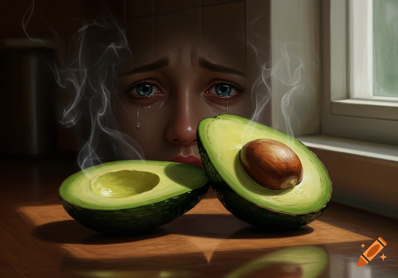A crying person is visible behind two halves of an avocado on a wooden surface, with smoke rising from them, in a painterly style.