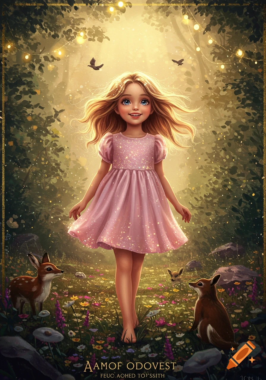 An illustrated young girl in a pink sparkling dress stands in a magical forest with twinkling lights, flowers, and small animals.