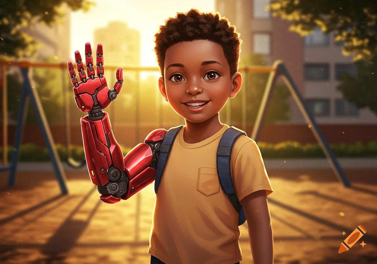 A smiling boy with a red prosthetic arm waves in a sunlit playground. Illustrated style.