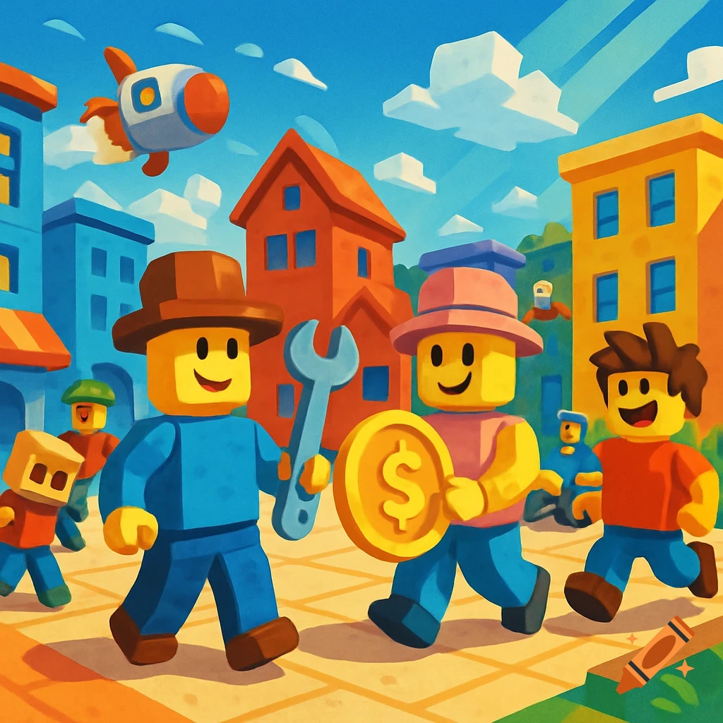 Cartoon block-figure characters in a colorful city, one holding a wrench, another a gold coin with a dollar sign.