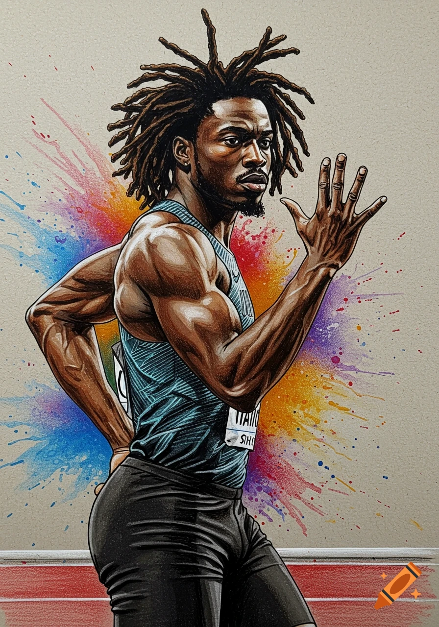 A high-contrast colored pencil sketch of an African American track runner with dreadlocks, wearing a tank top and shorts, posed on a track with abstract colorful paint splashes in the background.