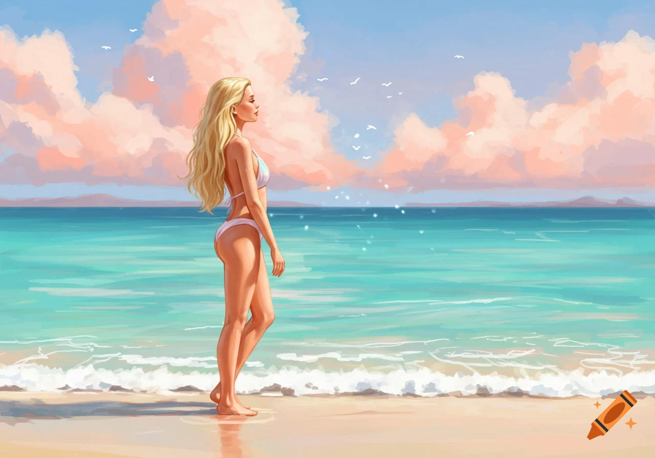 An illustration of a blonde woman in a bikini standing on a beach with a calm ocean and pink clouds.
