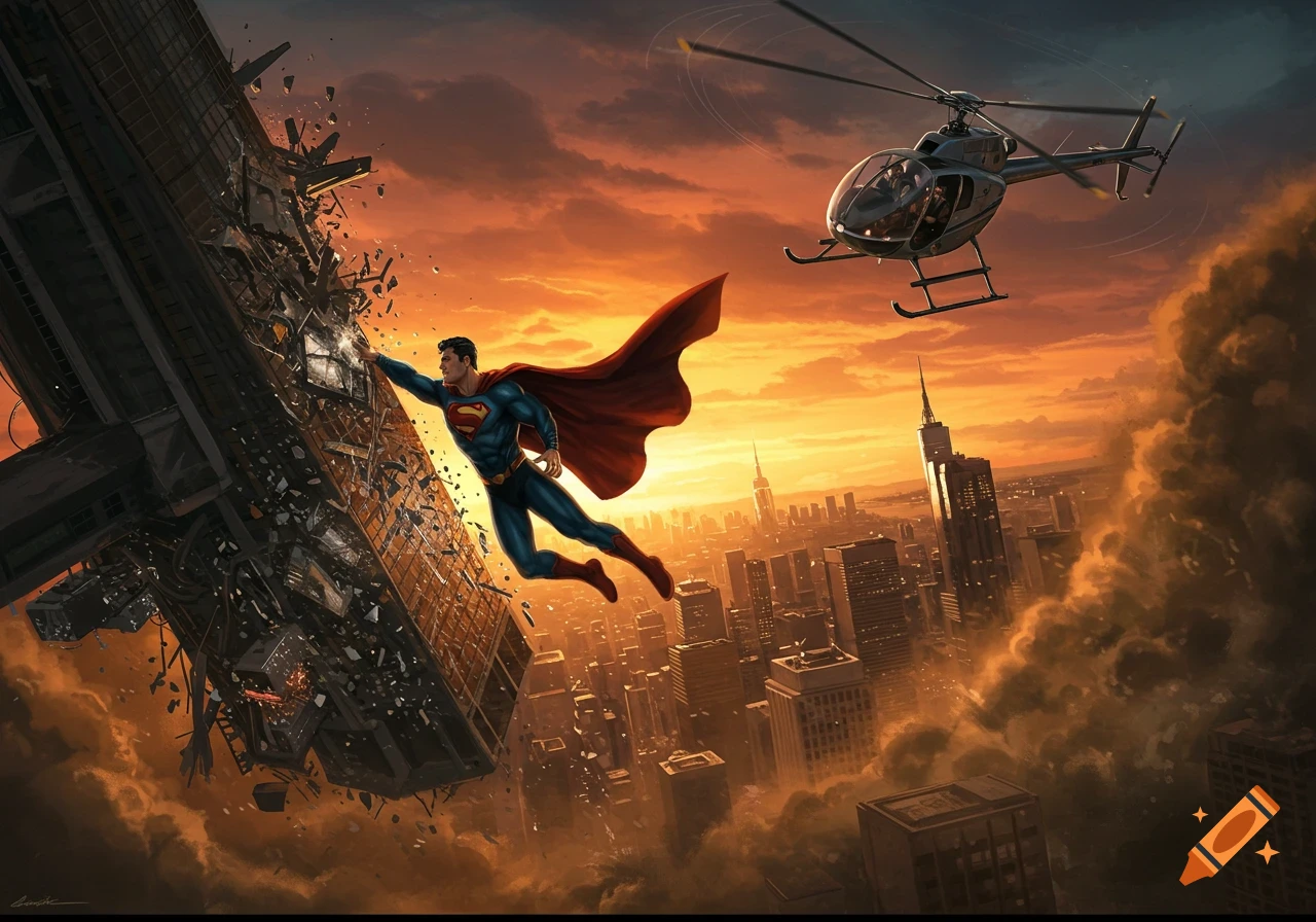Superman flies next to a collapsing skyscraper, holding it, with a helicopter nearby and a city skyline at sunset.