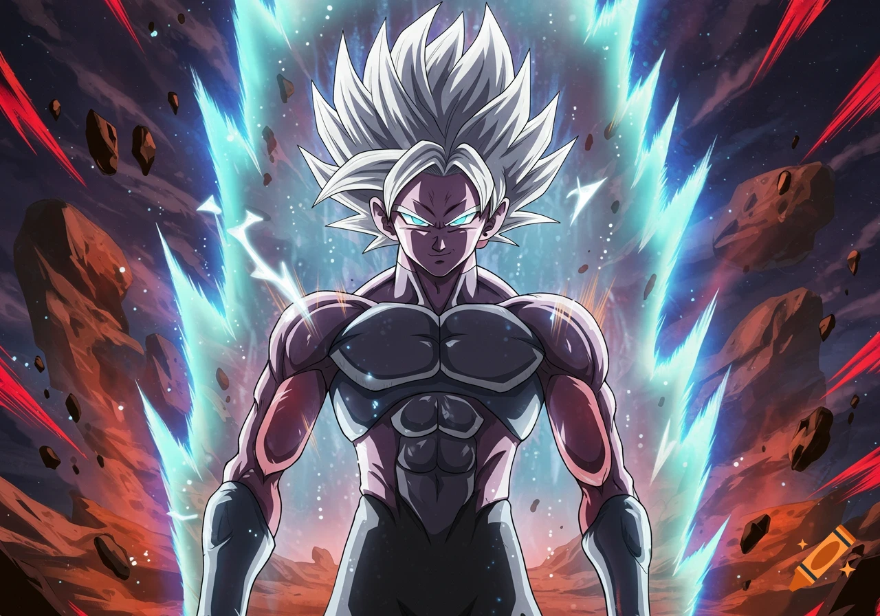 A powerful muscular male character with white spiky hair and glowing blue eyes in a black suit, surrounded by a bright blue aura.