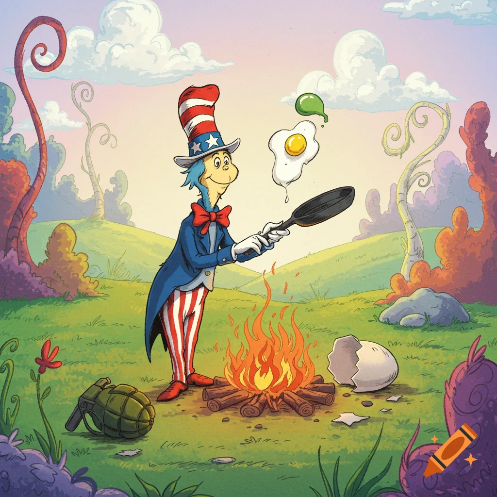 Dr. Seuss-style Uncle Sam cooking a green egg over a campfire with a grenade nearby in a whimsical landscape.
