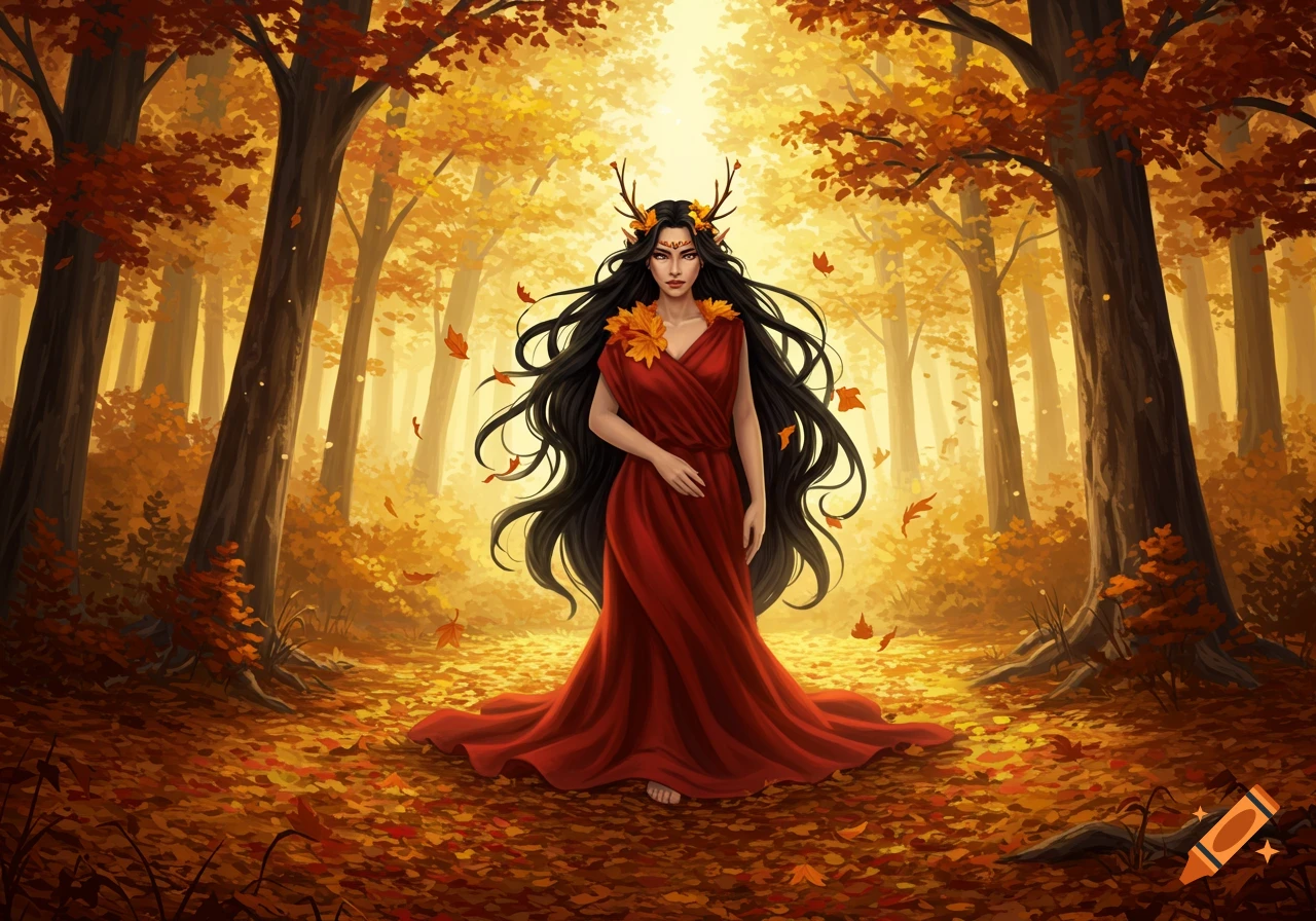 A beautiful woman with long black hair, wearing a red robe and a crown of antlers and leaves, stands in an autumn forest.