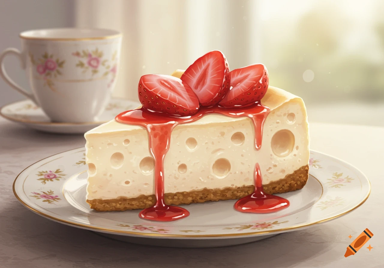 A slice of strawberry cheesecake with large holes, topped with fresh strawberries and sauce, on a floral plate with a teacup in the background.