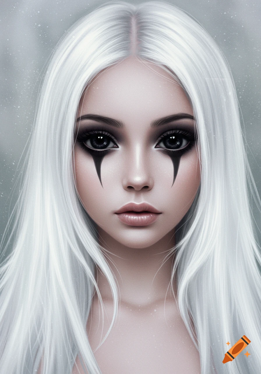 A stylized digital art portrait of a woman with long white hair and dark eye makeup.