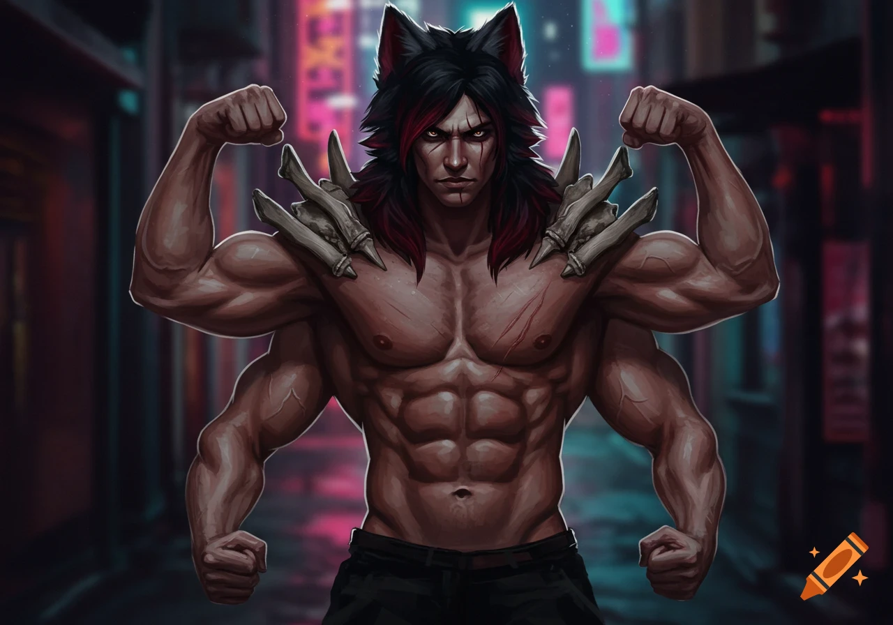 A muscular man with black wolf ears, four arms, red-streaked hair, scars, and bone shoulder armor flexing against a neon cityscape background.