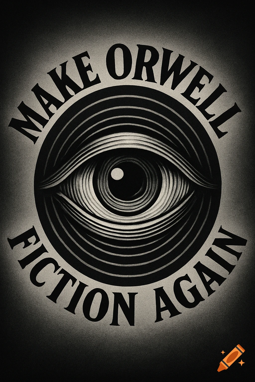 A monochromatic, stylized eye with concentric lines, encircled by the text 'MAKE ORWELL FICTION AGAIN' on a grainy background.