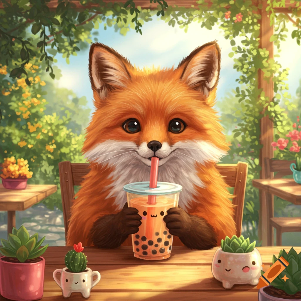 A cute, cartoon-style fox sits at an outdoor table, drinking boba tea from a cup with a happy face illustration.