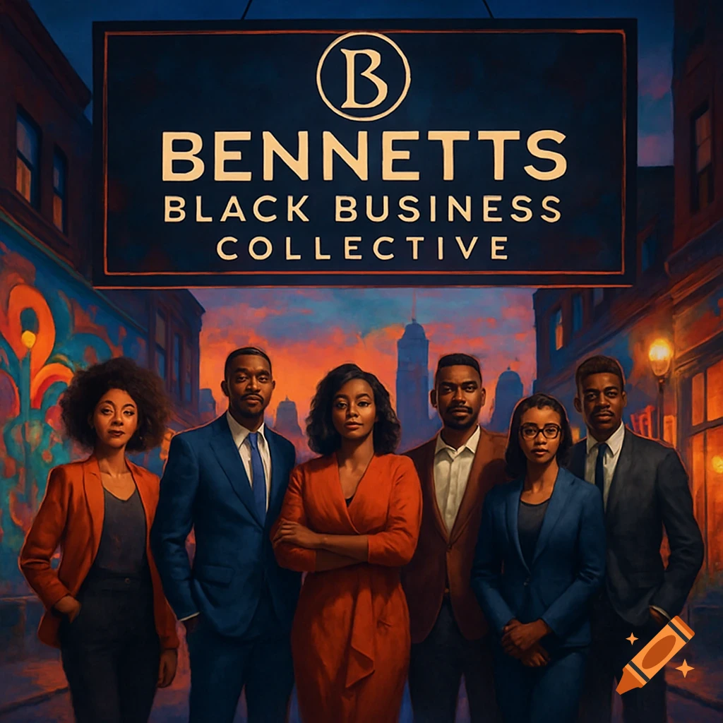A group of six Black professionals stand under a sign for 'Bennetts Black Business Collective' on an urban street at dusk.