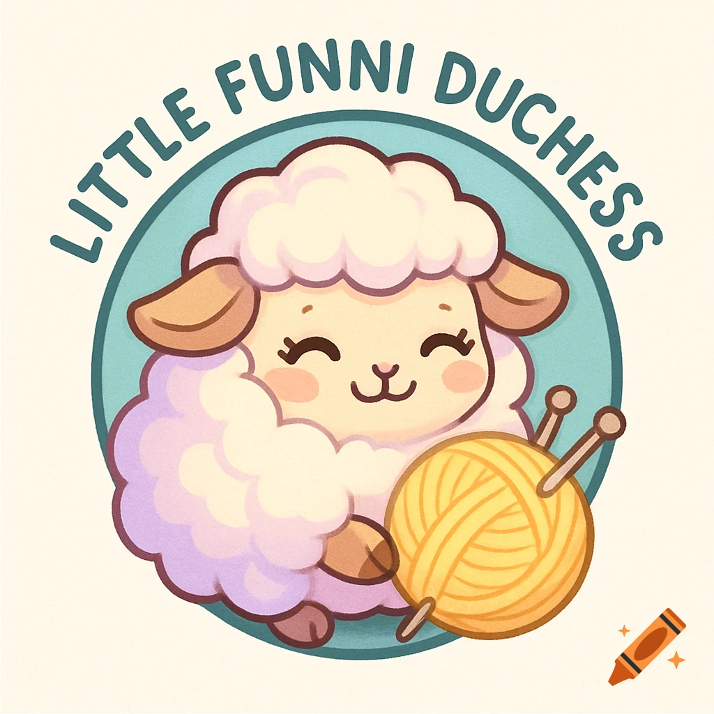 A cute, cartoon sheep holding yarn and knitting needles, with 'LITTLE FUNNI DUCHESS' text in a circular logo.