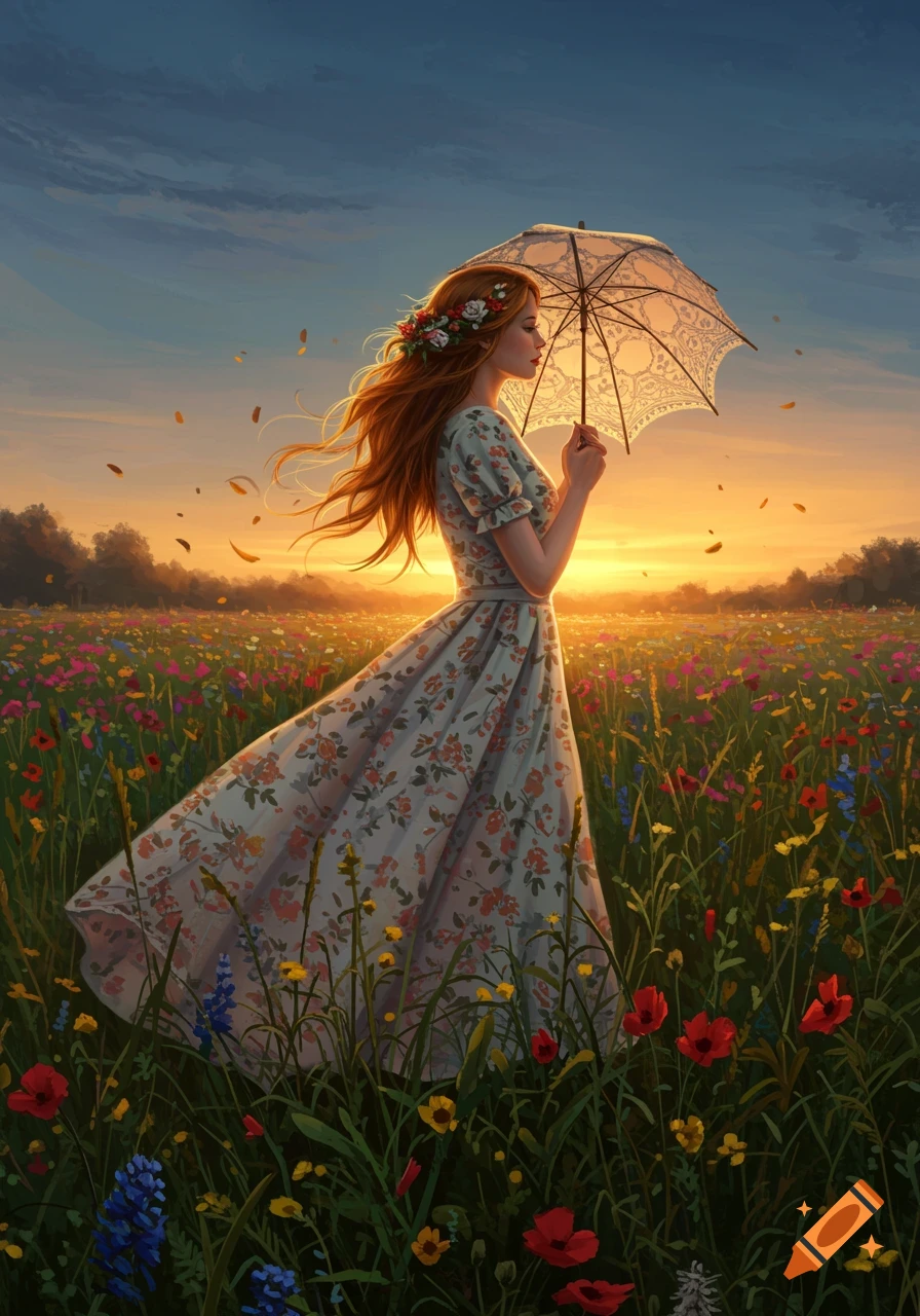 A woman with flowing red hair and a floral dress stands in a vibrant wildflower field at sunset, holding a lace umbrella.