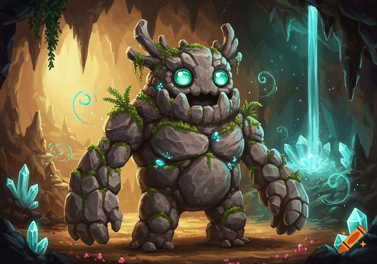 Cartoon rock monster with glowing green eyes and moss standing in a glowing cave with blue crystals.
