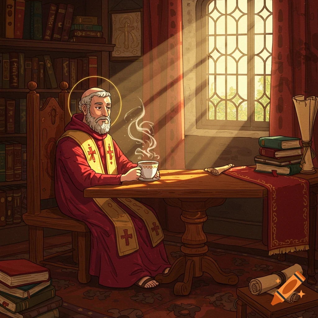 Saint Augustine sits at a wooden table in a sunlit library, drinking coffee, in Kyle Ferrin's illustration style.
