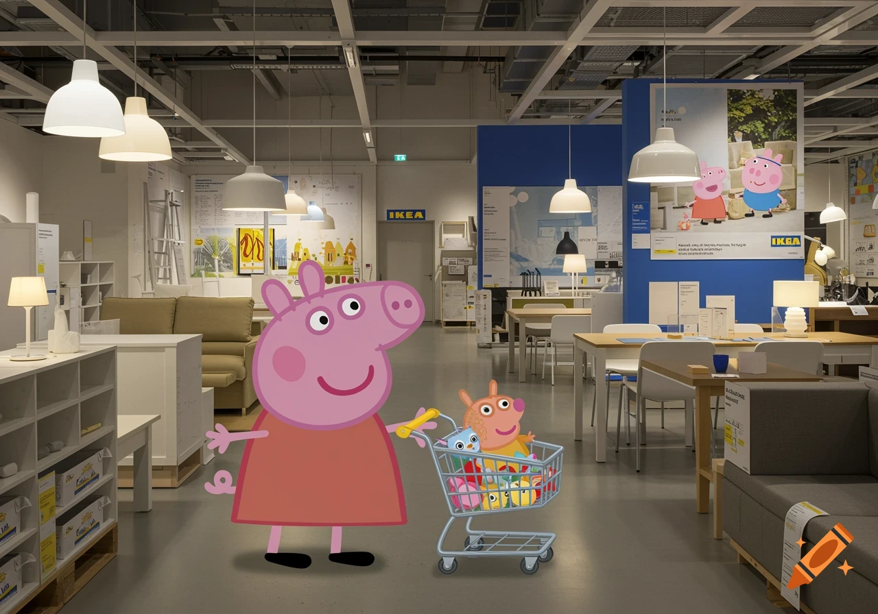 Peppa Pig pushes a shopping cart with other cartoon characters inside a realistic IKEA store.