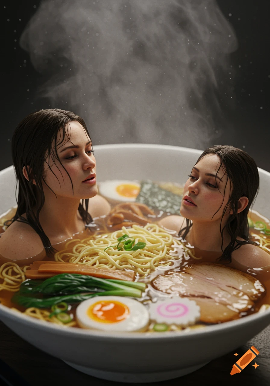 Hyper-realistic photo of two women with wet hair swimming in a giant bowl of steaming ramen with noodles, pork, and eggs.