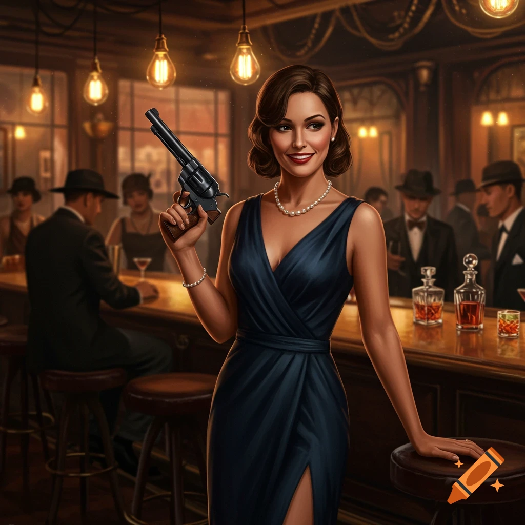 An illustrated woman in a vintage dress smiles while holding a gun in a dimly lit bar.
