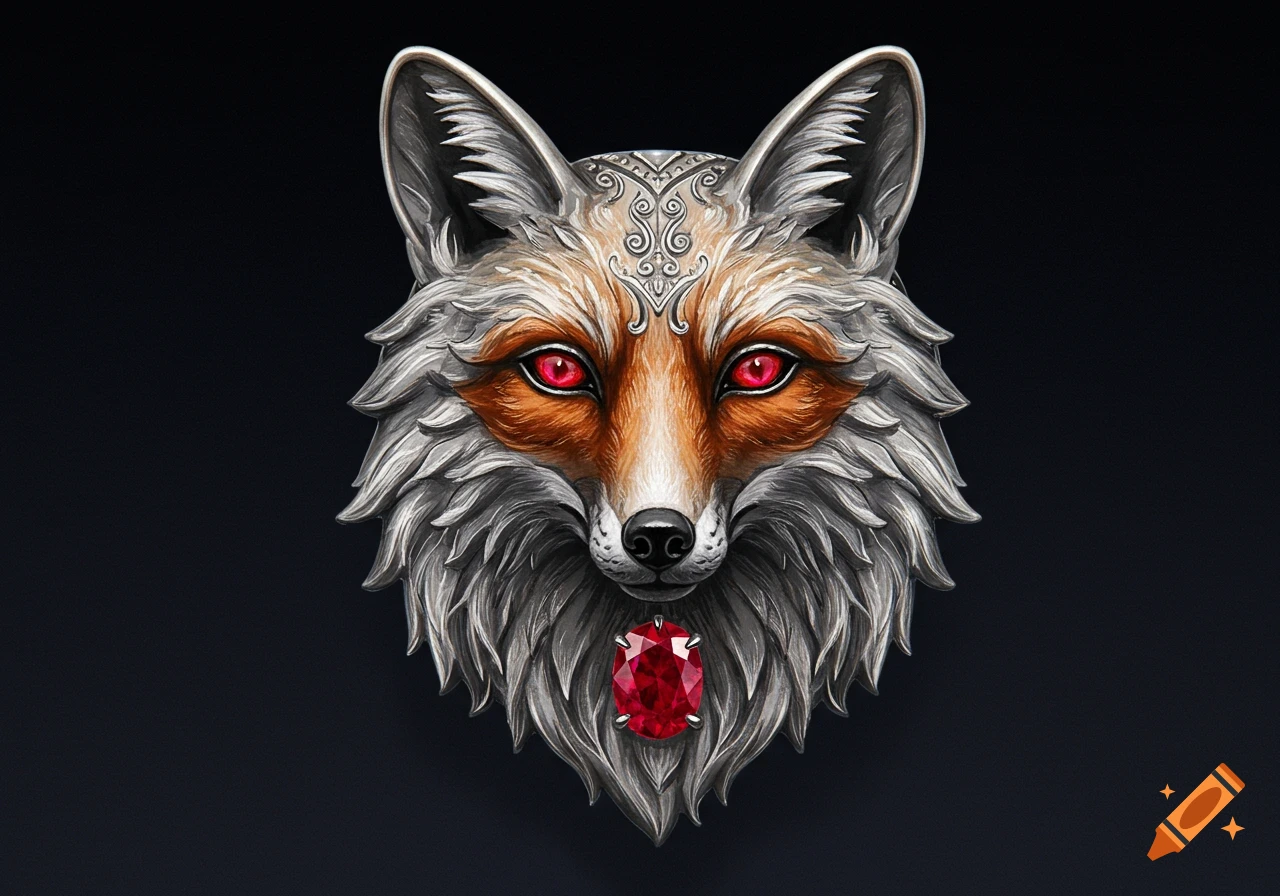 A stylized silver fox head brooch with red eyes and a large red ruby jewel dangling below its chin, on a dark background.