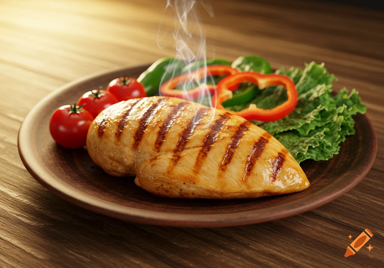A close-up of a steaming grilled chicken breast with grill marks on a rustic plate, accompanied by fresh tomatoes, bell peppers, and lettuce.