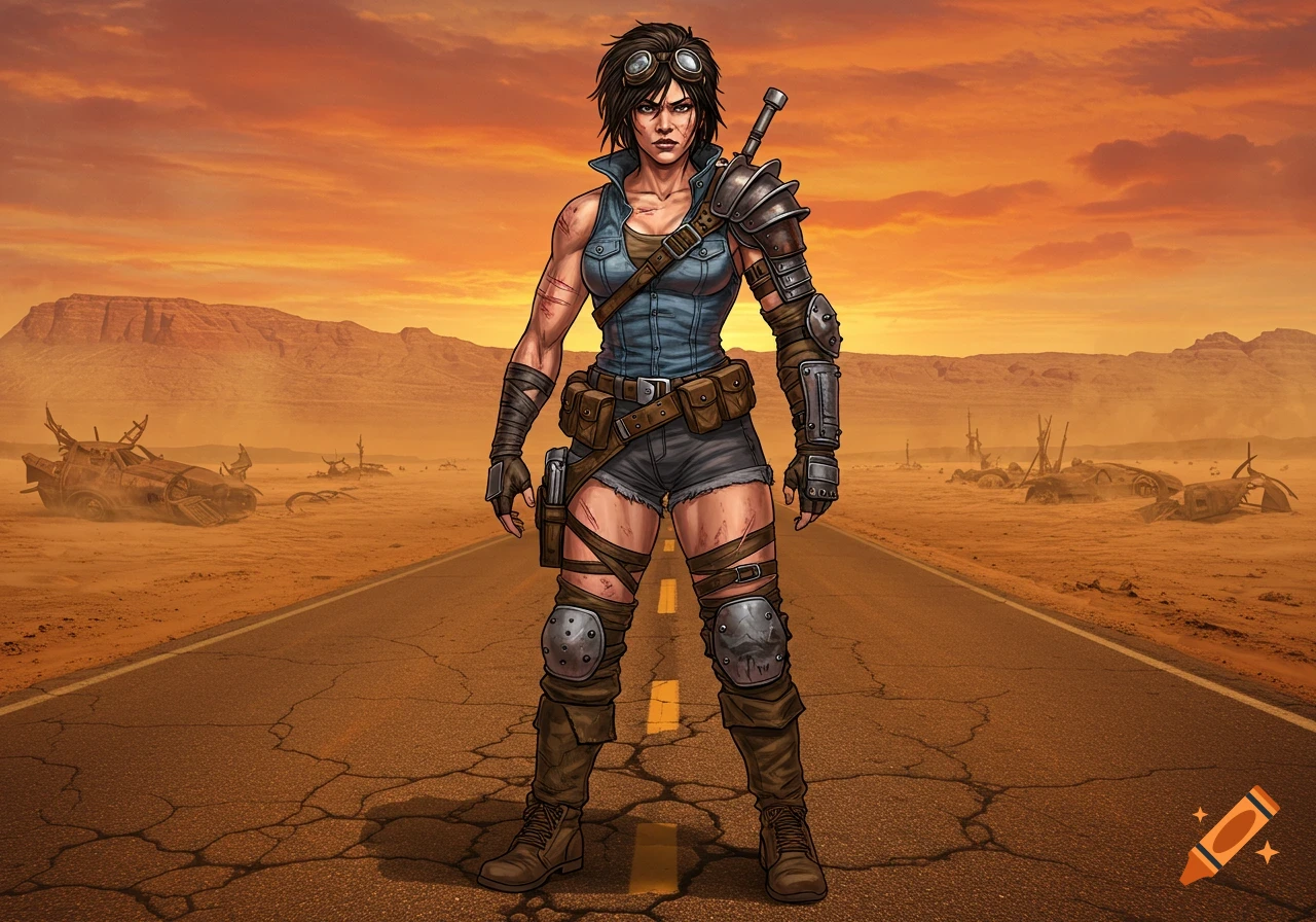 A muscular female warrior in post-apocalyptic gear stands on a cracked desert road at sunset.