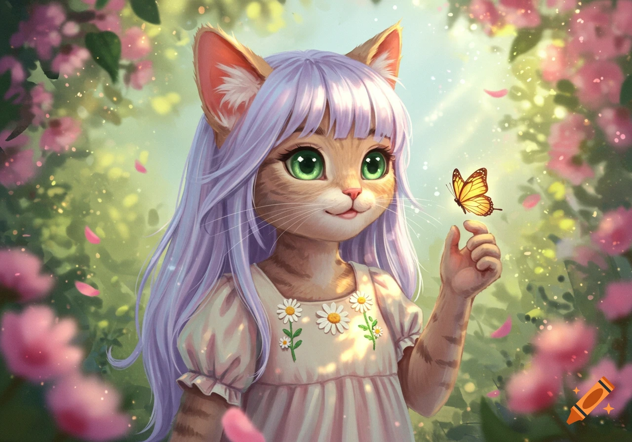 A cute anthropomorphic cat-girl with green eyes and lavender hair, wearing a white dress, holds a butterfly in a vibrant flower garden. Digital art.