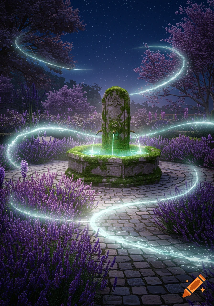 A magical stone fountain with glowing green water in a purple lavender garden at night, with swirling light trails under a starry sky.