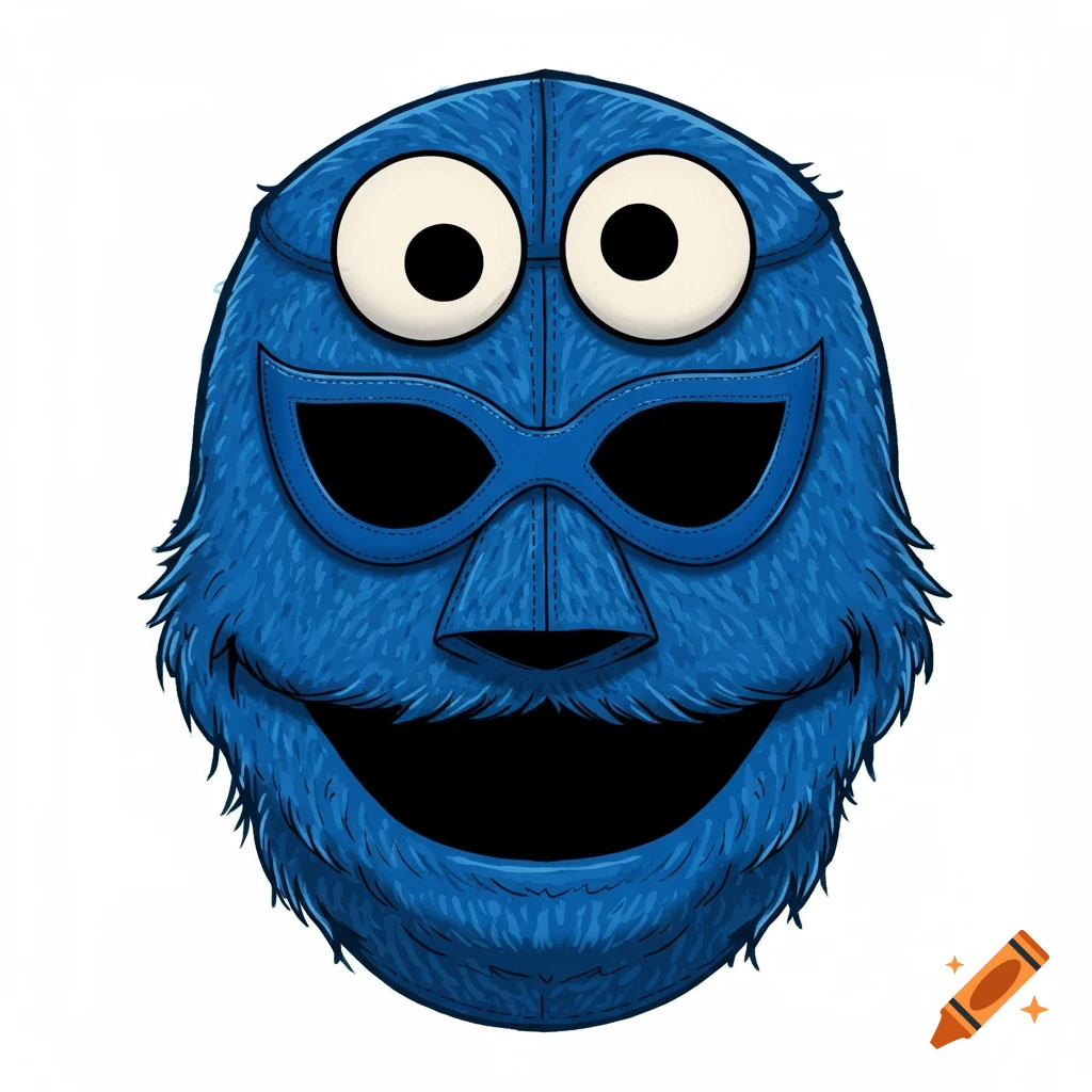 Cookie Monster's head styled as a blue lucha libre mask with large eyes and a wide smile on a white background.